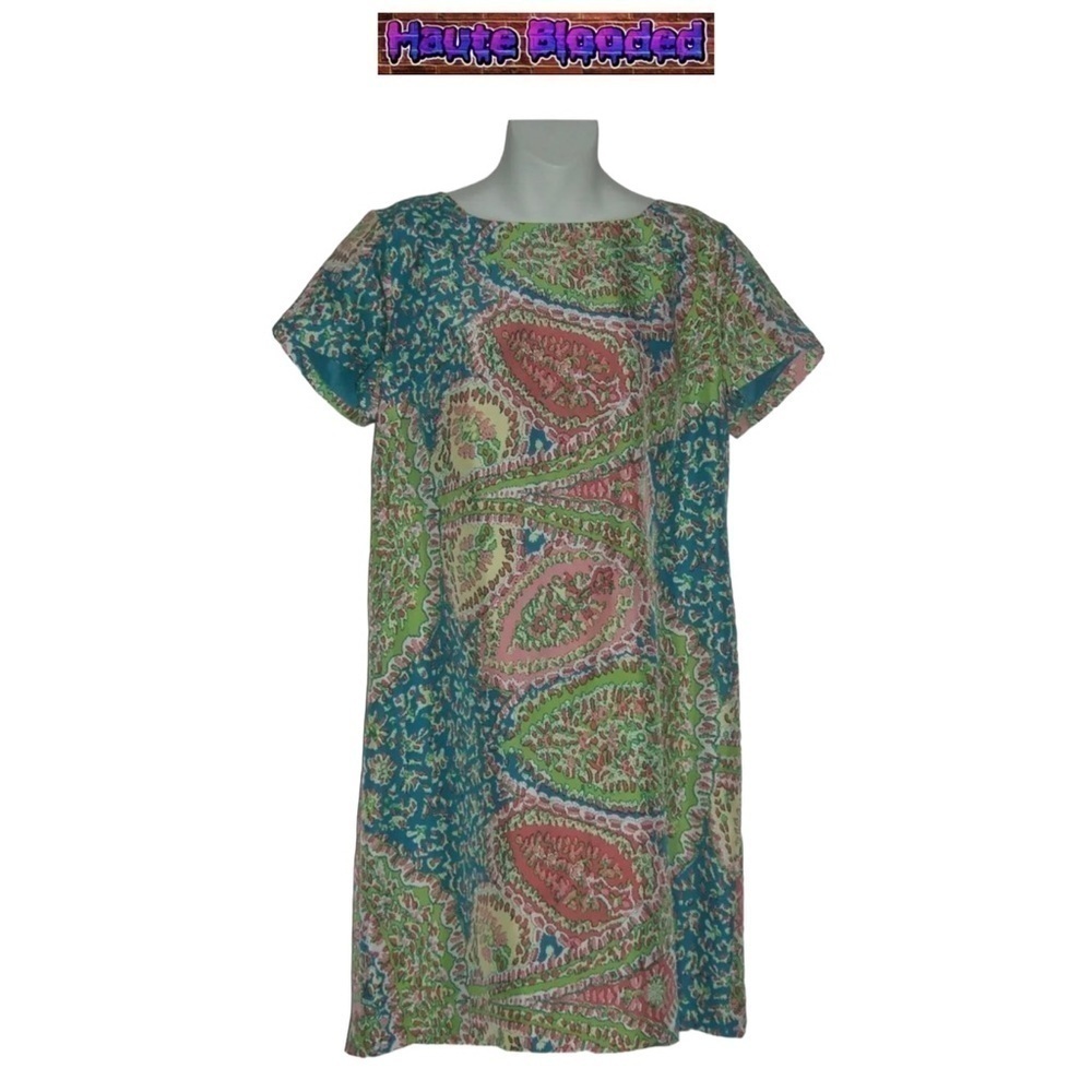 Talbots Silk Dress Print Shift Turquoise Green Coral Boho Spring Sz 12 Petite P